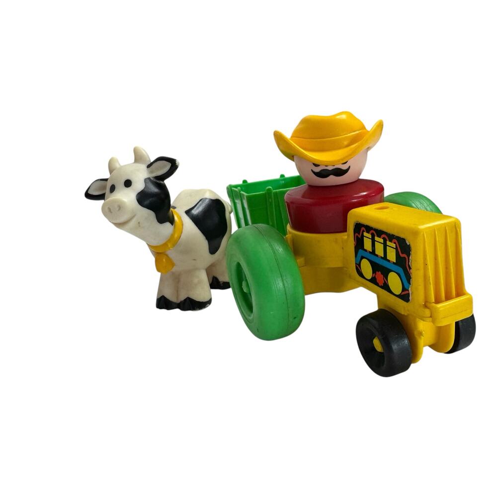 FISHER-PRICE Vintage Little People 1990 Tractor Trailer Cow Farmer Green Cowboy